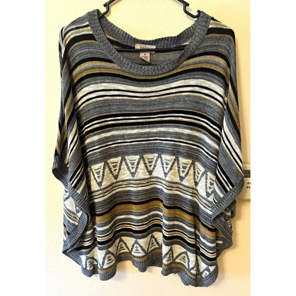 Vintage FRESH Y2K Striped Geometric Knit, retro boho Poncho Sweater M